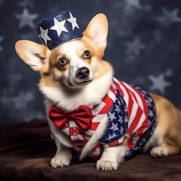 Un lindo perro feliz con un sombrero del tío Sam con el amante de las mascotas de la bandera de los Estados Unidos