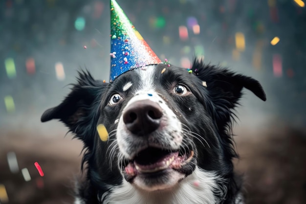 Lindo perro en una fiesta de cumpleaños con gorro de fiesta y confeti