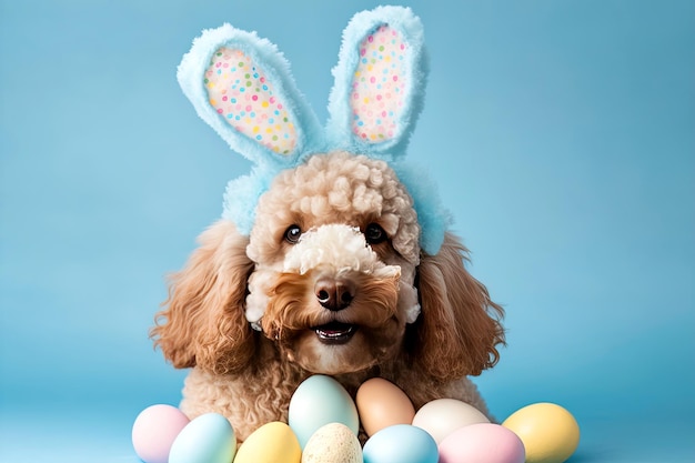 Lindo perro frente a flores y huevos de Pascua