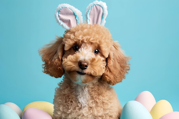 Lindo perro frente a flores y huevos de Pascua