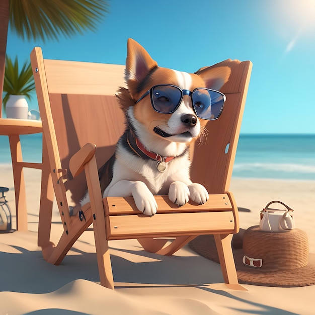 lindo perro con gafas sentado en una silla plana de madera y relajándose en la playa AI