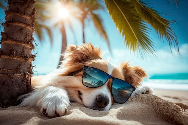 Lindo perro con gafas de sol durmiendo en la playa con palmeras ai generativo