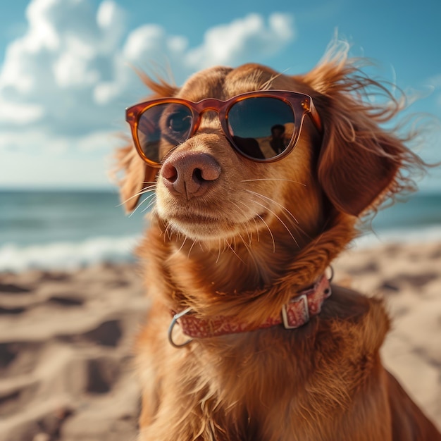 Un lindo perro con gafas de sol en la playa de arena Ai generativo