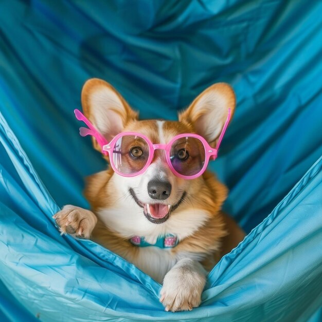 Foto un lindo perro con gafas de sol está tendido en una hamaca