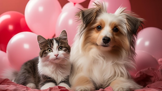 Lindo perro y gato con globo en forma de corazón de San Valentín sobre fondo rosa