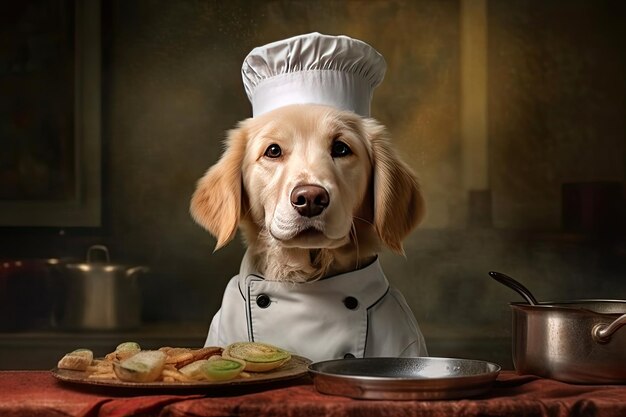 Lindo perro Golden retriever Chef con disfraz listo cocinando para la cena en la cocina Ai generativo