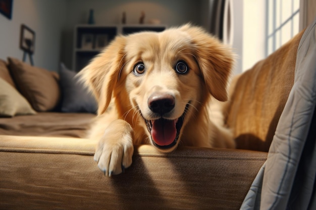 Lindo perro Golden Retriever dentro de la sala de estar