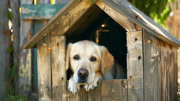 Un lindo perro golden retriever está sentado en una caseta de madera