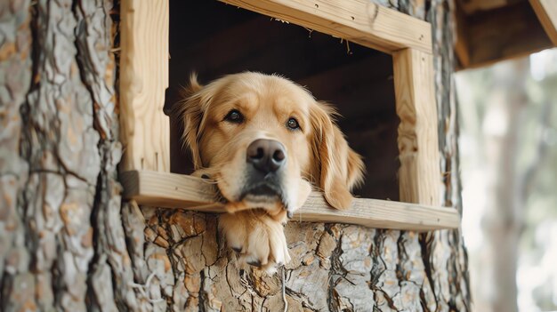 Lindo perro golden retriever mirando por la ventana de una casa en el árbol con una pata descansando en el umbral de la ventana