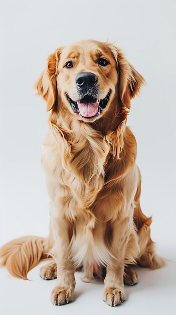 Un lindo perro golden retriever sentado en un fondo blanco