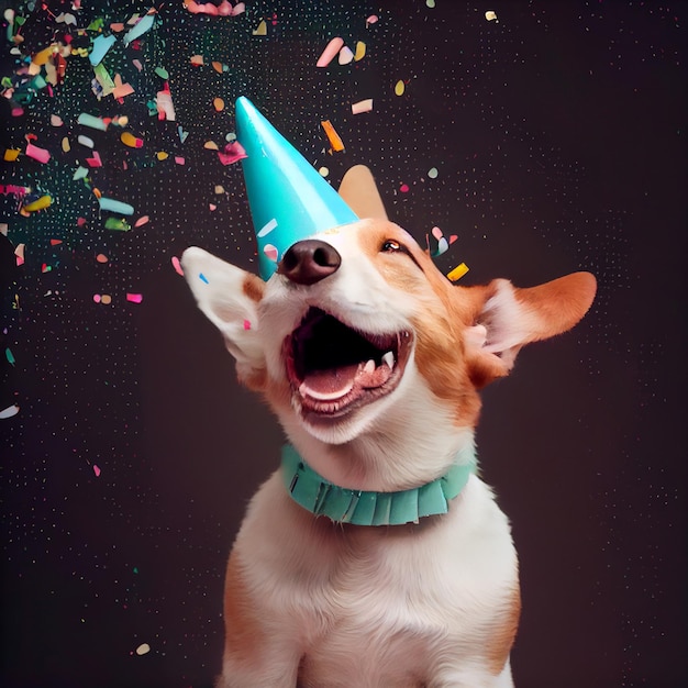 Lindo perro con un gorro de fiesta celebrando su cumpleaños confeti cayendo Generar Ai