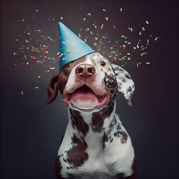 Lindo perro con un gorro de fiesta celebrando su cumpleaños confeti cayendo Generar Ai