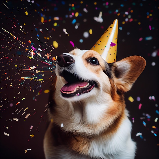 Lindo perro con un gorro de fiesta celebrando su cumpleaños confeti cayendo Generar Ai