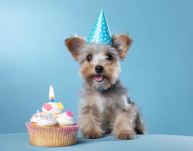 Lindo perro con gorro de fiesta y pastel de cumpleaños