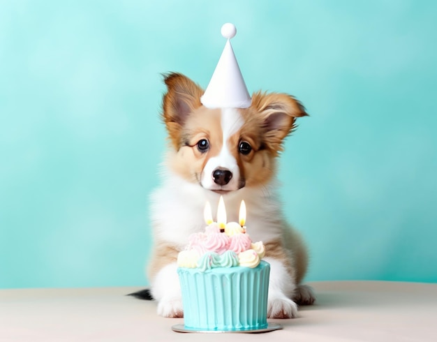 Lindo perro con gorro de fiesta y pastel de cumpleaños