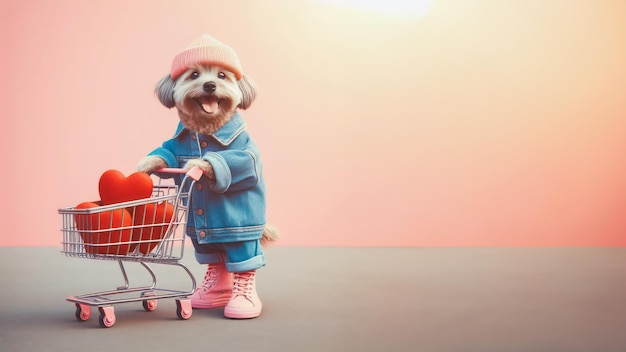 Lindo perro gracioso sosteniendo un carrito de compras con corazón dentro del concepto del día de San Valentín