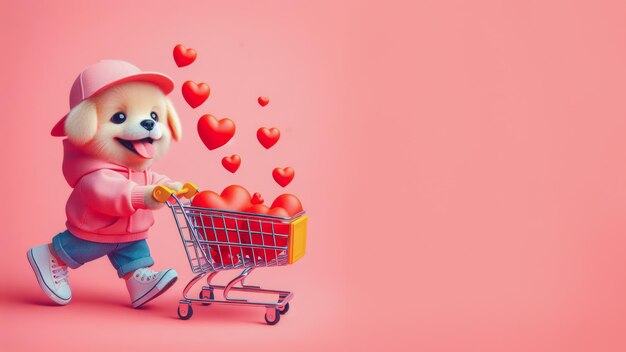 Lindo perro gracioso sosteniendo un carrito de compras con corazón dentro del concepto del día de San Valentín