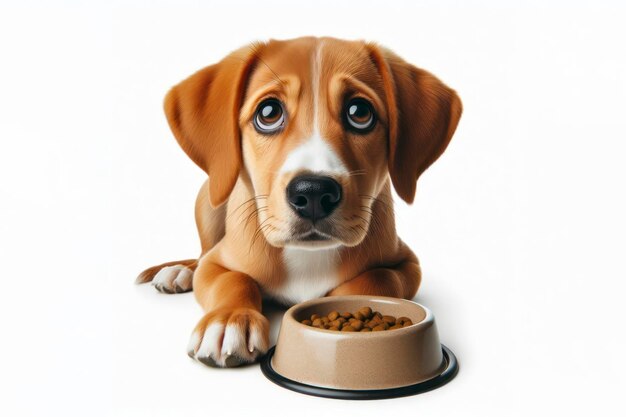 un lindo perro con grandes ojos tristes se sienta junto a un cuenco esperando comida aislado en un fondo blanco sólido ai generativo