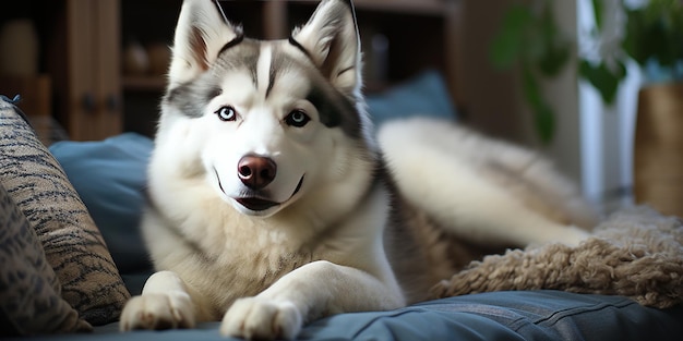 Un lindo perro Husky tendido en el sofá en la sala de estar