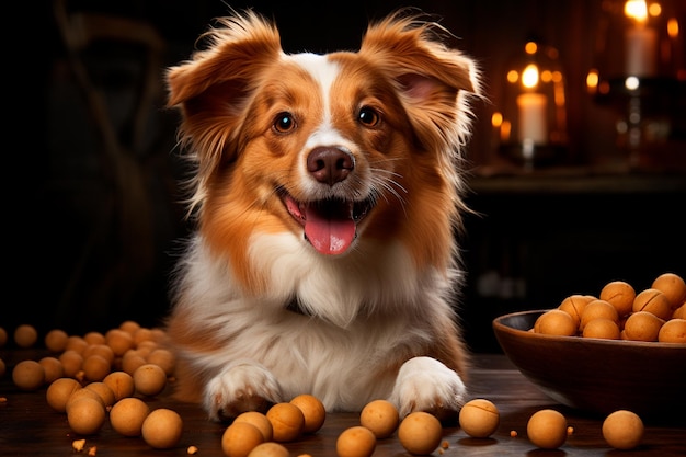 lindo perro jack russell terrier con un perro en una mesa de madera con un plato de pan