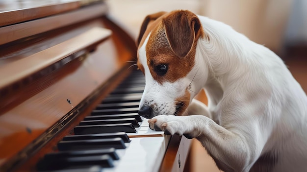 Foto un lindo perro jack russell terrier está sentado en el piano y tocando una hermosa pieza de música