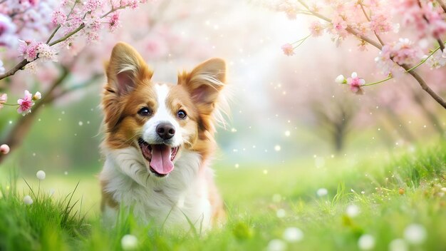 Foto un lindo perro jugando en el césped con un fondo de primavera