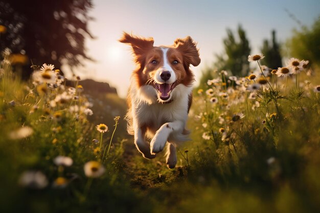 Foto un lindo perro juguetón corre entre la hierba una mascota en un paseo