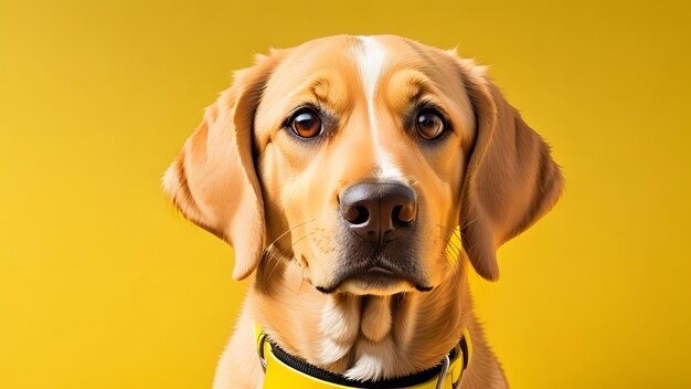 El lindo perro labrador marrón frente a la cámara con fondo amarillo generado en primer plano