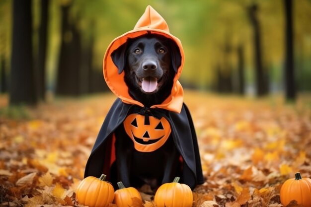 Foto el lindo perro labrador retriever con disfraz de halloween en el parque de otoño