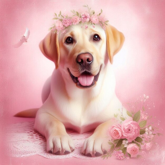 El lindo perro Labrador Retriever en un fondo rosado Pintura digital