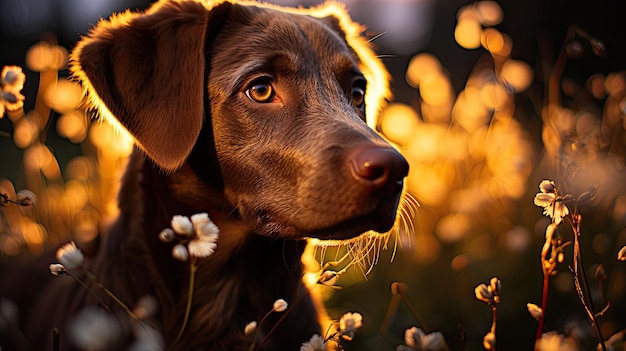 Foto un lindo perro labrador retriever marrón posa para la cámara mientras está rodeado de follaje bokeh un perro alegre se ve en una foto en blanco al atardecer posado en una bonita hoja de primavera