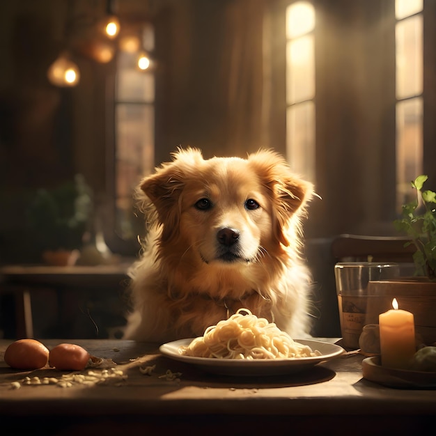 Un lindo perro marrón comiendo fideos en una mesa