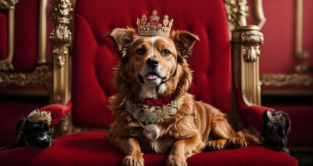 Lindo perro marrón con corona con cara sonriente y sentado en el trono con fondo rojo