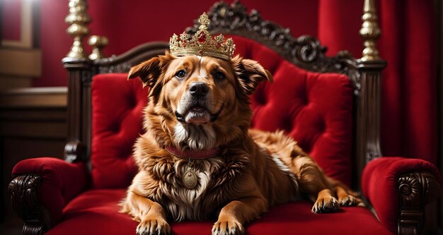 Foto lindo perro marrón con corona con cara sonriente y sentado en el trono con fondo rojo