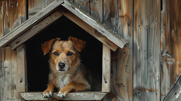 Foto un lindo perro marrón con patas blancas y ojos azules está sentado en una caseta de madera el perro está mirando fuera de la caseta con una expresión curiosa