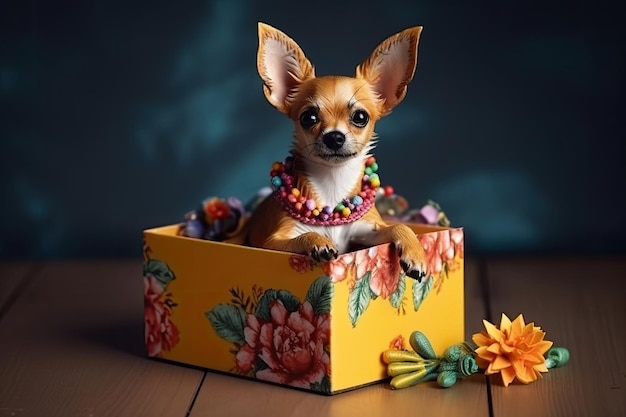 Lindo perro mirando desde la caja de regalo Mascota como presente IA generativa