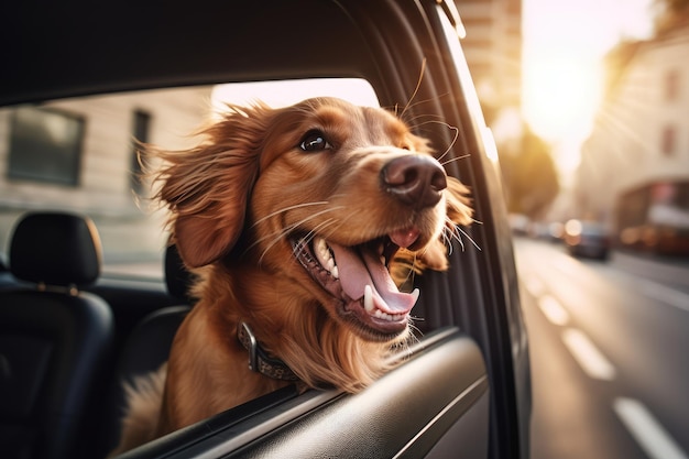 Lindo perro mirando por la ventana del auto AI generado