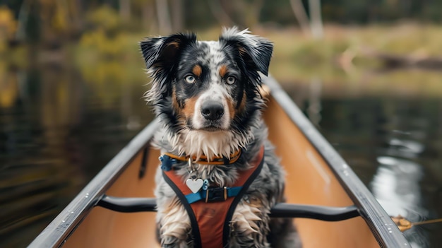 Foto un lindo perro pastor australiano se sienta en una canoa en un lago