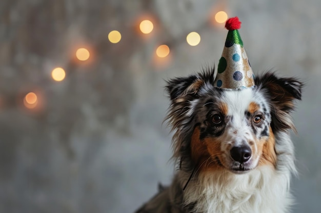 El lindo perro pastor australiano usa un sombrero de cono con espacio de copia para el texto