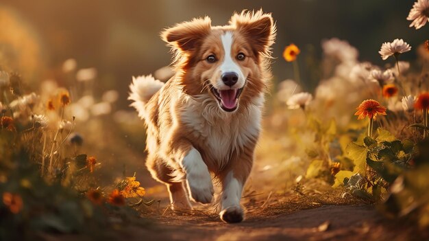 El lindo perro de pedigrí jugando cinematográficamente