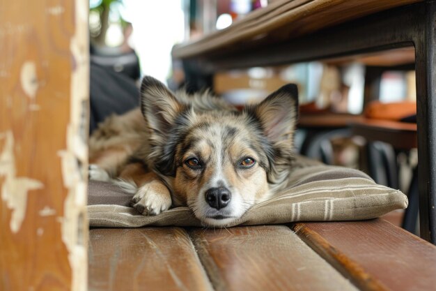 Un lindo perro pequeño está acostado en un cojín en un café amigable con mascotas