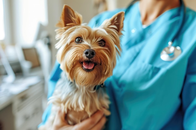 Lindo perro pequeño con IA generativa siendo examinado por un veterinario profesional en una clínica veterinaria