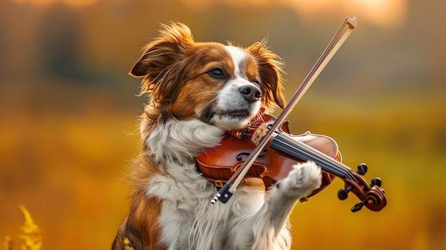 Foto un lindo perro está de pie en un campo de flores amarillas el perro está tocando el violín el perro está muy feliz y parece que está disfrutando de la música