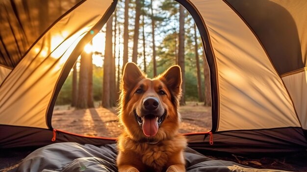 un lindo perro de pie junto a una tienda de campamento