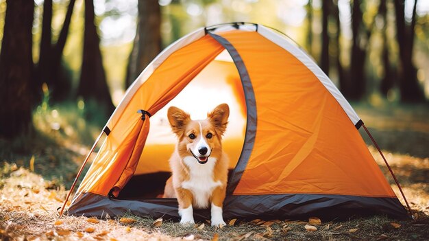 un lindo perro de pie junto a una tienda de campamento