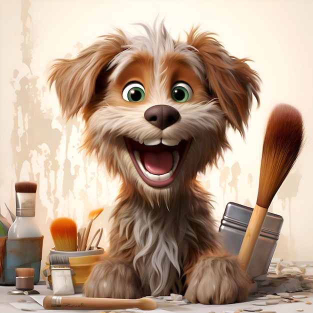 Lindo perro con pinceles y herramientas para pintar ilustraciones 3d