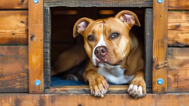 Un lindo perro pit bull terrier marrón y blanco está sentado en una perrera de madera y mirando por la puerta El perro tiene una expresión seria en su cara