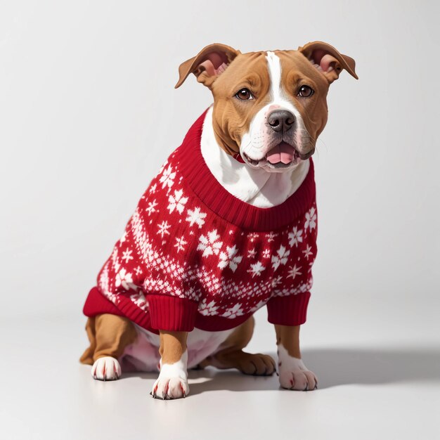 lindo perro pitbull con suéter de Navidad rojo y blanco aislado plano blanco fondo de estudio