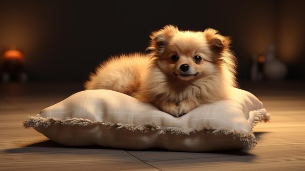 Un lindo perro de Pomerania acostado en la almohada en la habitación por la noche