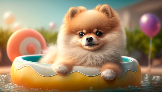 Lindo perro Pomerania flotando en una piscina con un anillo de natación en verano